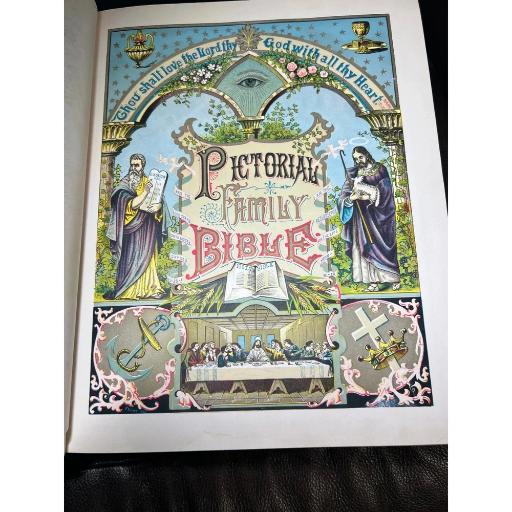 VTG Large Holy Bible Original Tongues Family Embossed Art Deco Cross Gold Trim